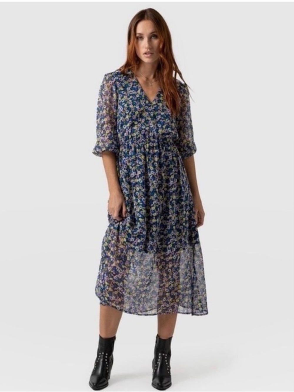 Saint + Sofia Portland Blue Floral Midi Dress Size 10 New With Tags